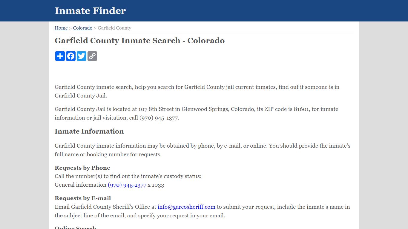 Garfield County Inmate Search - Colorado - InmateFinder.org